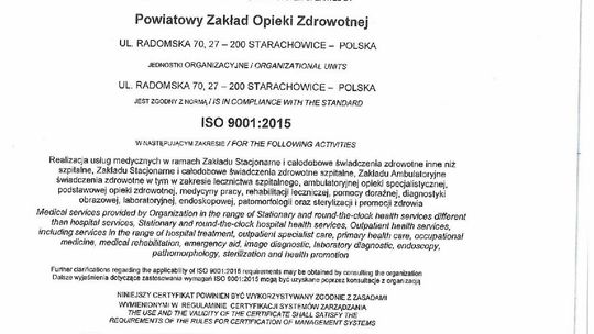 Starachowicki Szpital odnowił Certyfikat ISO
