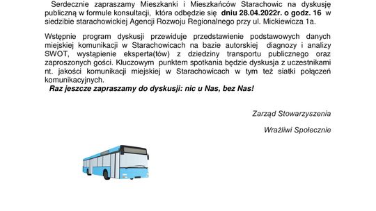 Zaproszenie na dyskusję publiczną na temat komunikacji miejskiej w Starachowicach