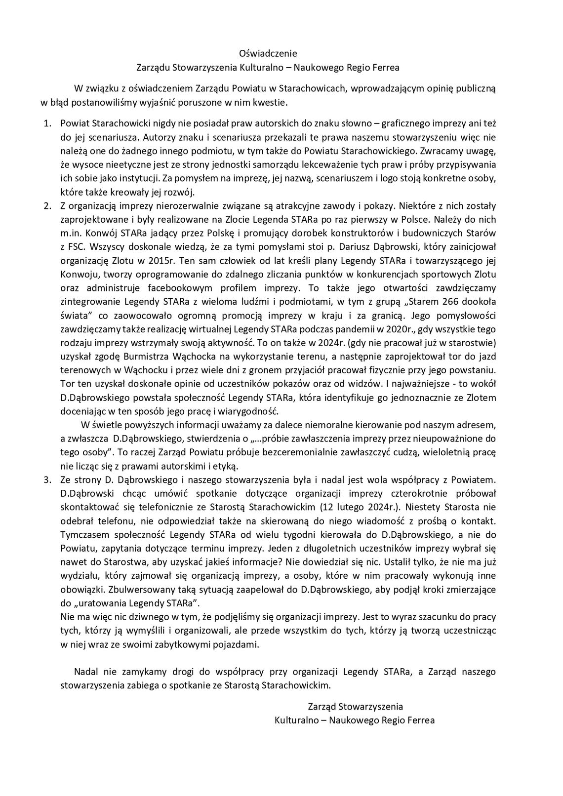 Oświadczenie Zarządu Stowarzyszenia Kulturalno – Naukowego Regio Ferrea