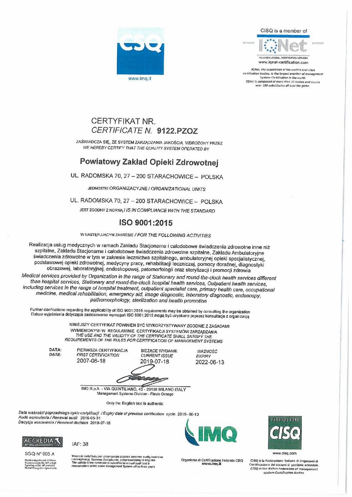 Starachowicki Szpital odnowił Certyfikat ISO