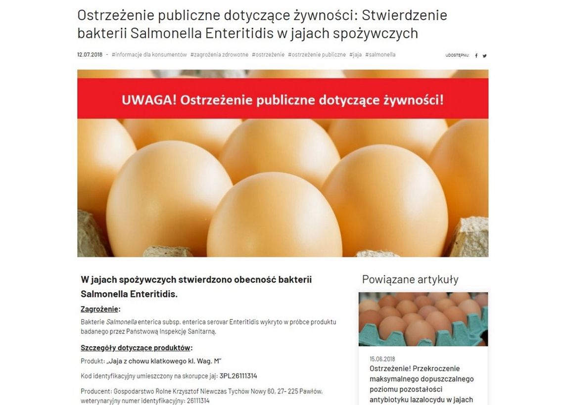 UWAGA! Salmonella w jajach spożywczych z Tychowa Nowego