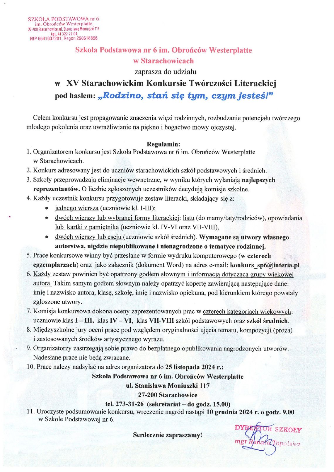 XV Starachowicki Konkurs Twórczości Literackiej pod hasłem: "Rodzino, stań się tym, czym jesteś!"