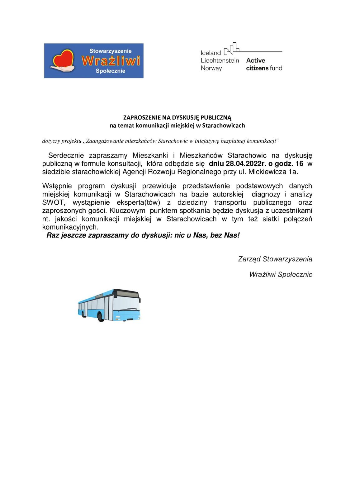 Zaproszenie na dyskusję publiczną na temat komunikacji miejskiej w Starachowicach