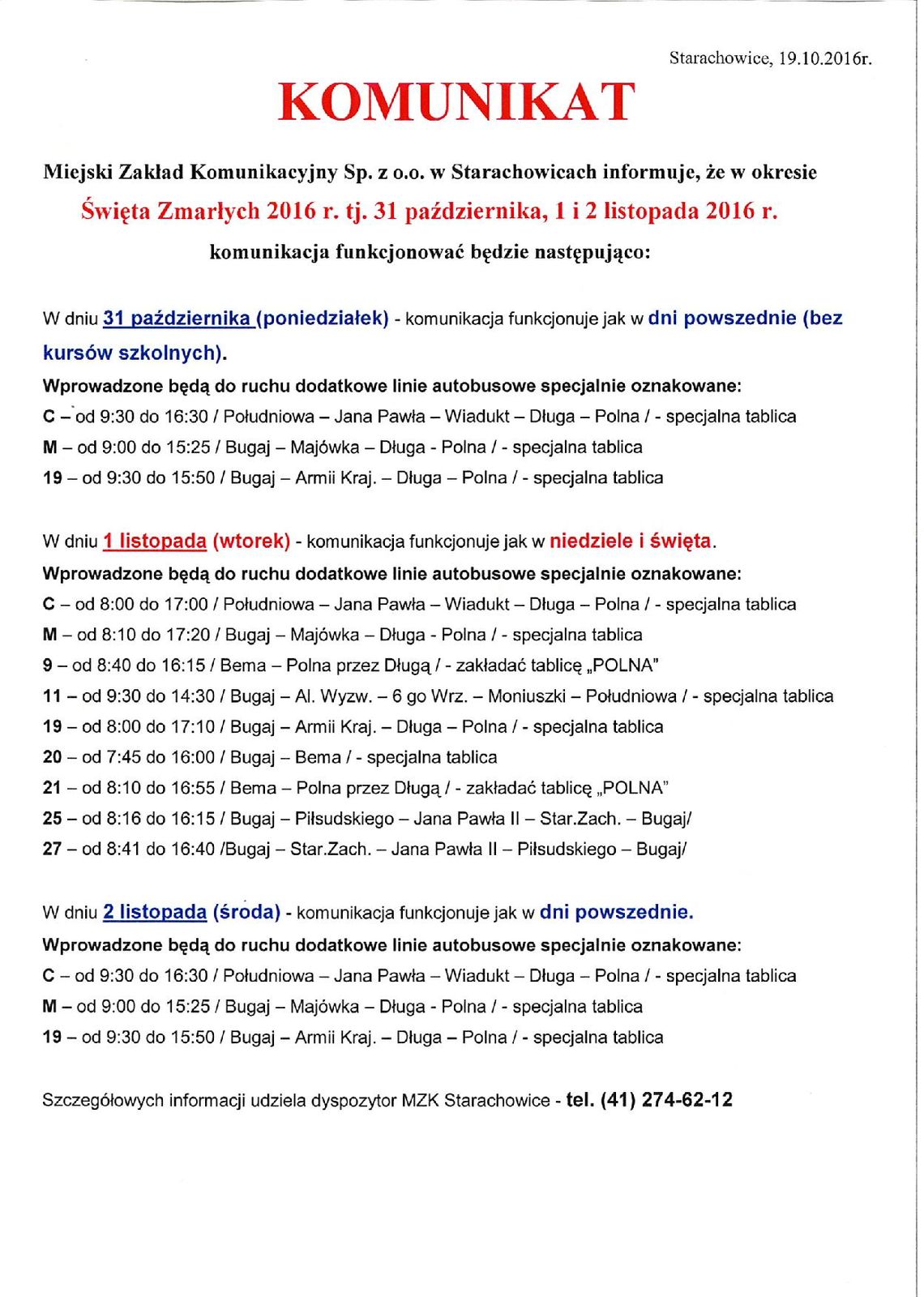 Zmiana rozkładu MZK w okresie Święta Zmarłych